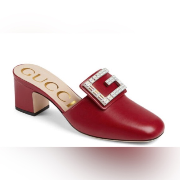 👠Gucci Madelyn Red Leather Crystal-G 55mm Low-Heel Mules👠 - Picture 1 of 4